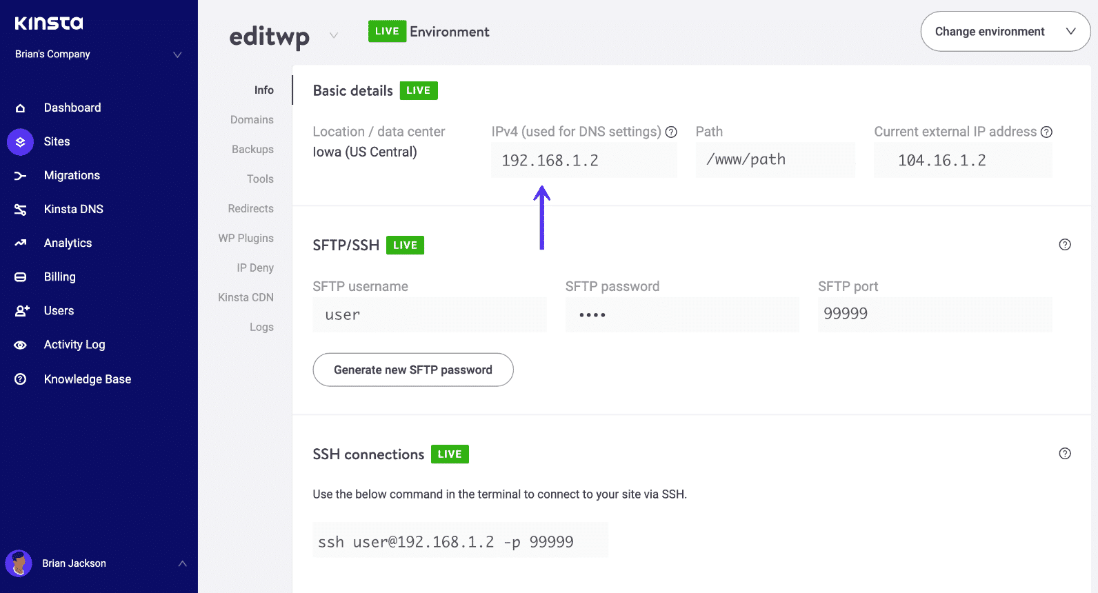 O endereço IP está na guia Info do site no MyKinsta