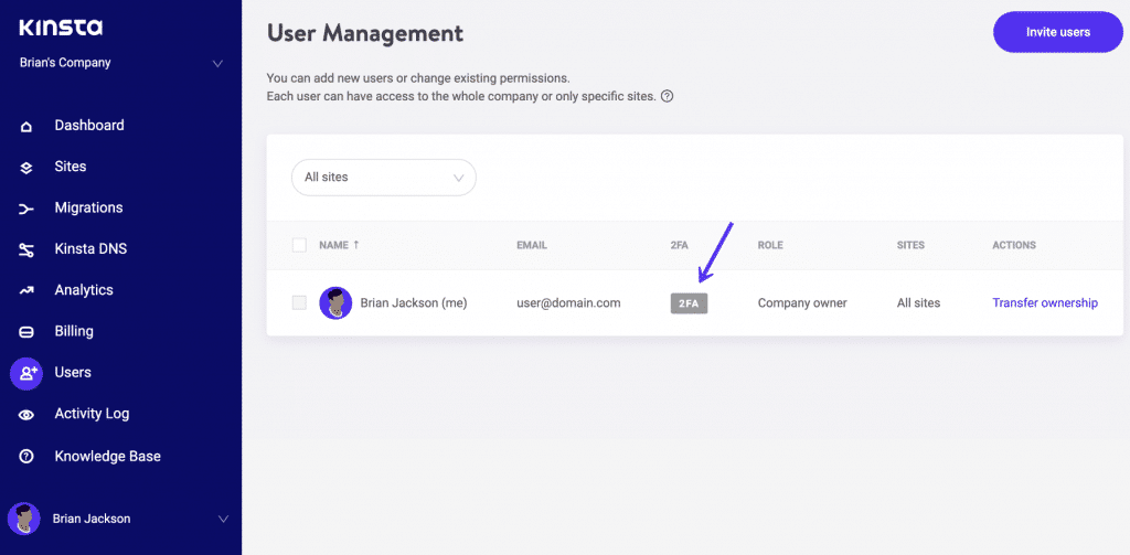 Indicador 2FA em MyKinsta