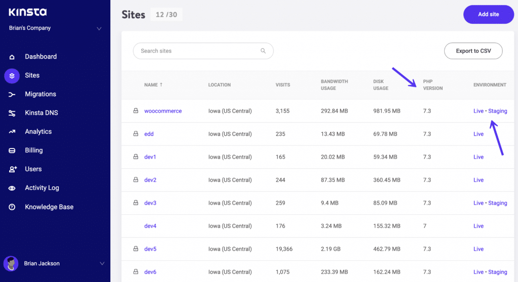 MyKinsta - versões do PHP e Produção / Desenvolvimento