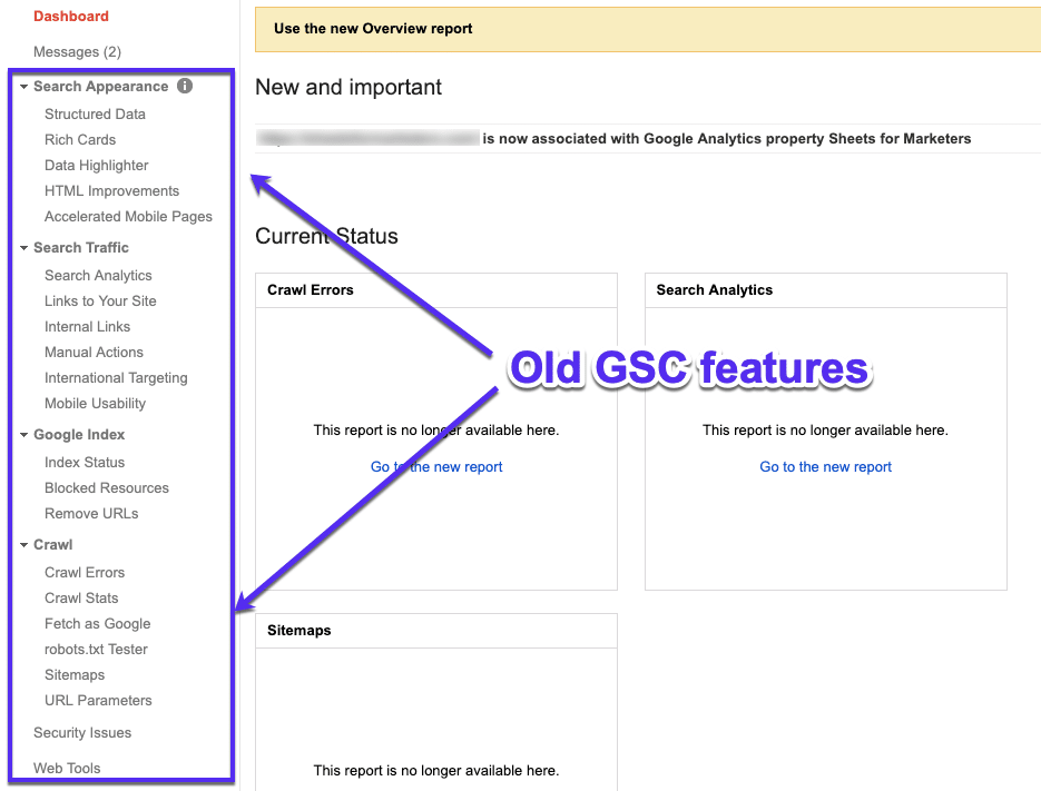 Características antigas do Google Search Console