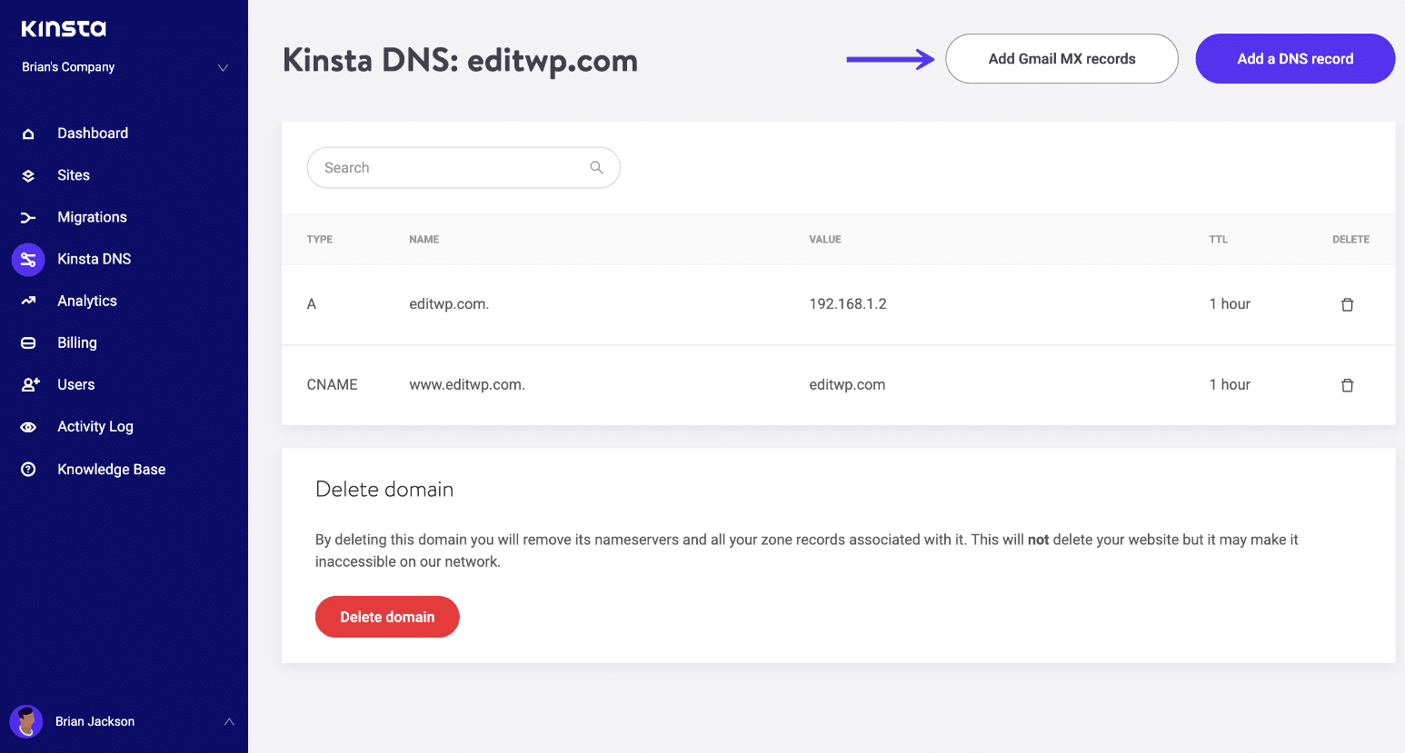 Kinsta DNS adicionar registros MX do Gmail