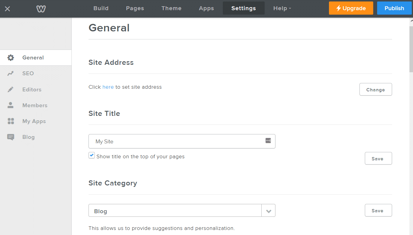 Painel de configurações gerais Weebly