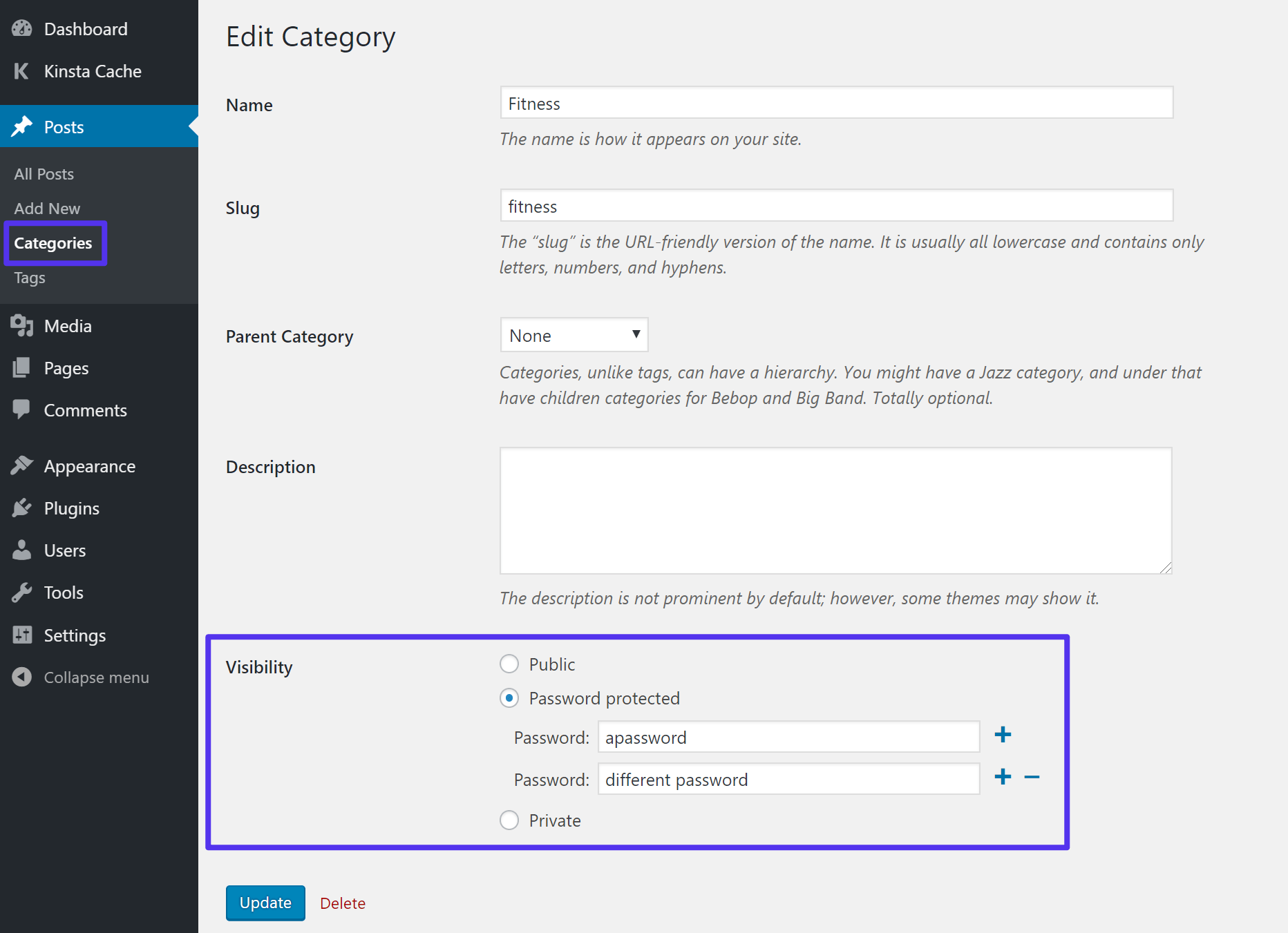 Como adicionar uma senha a uma categoria