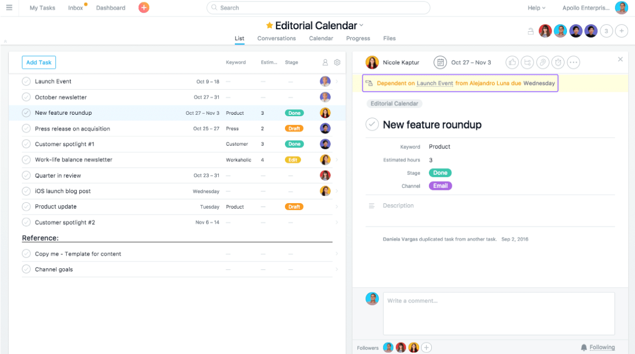 Característica de dependência de tarefas do Asana