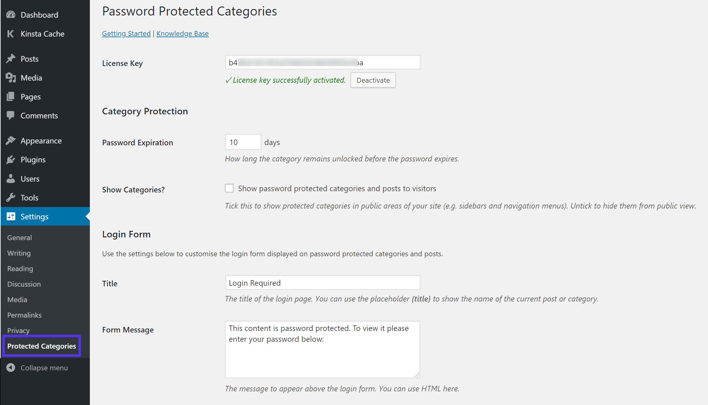 Definições de Categorias Protegidas por Senha