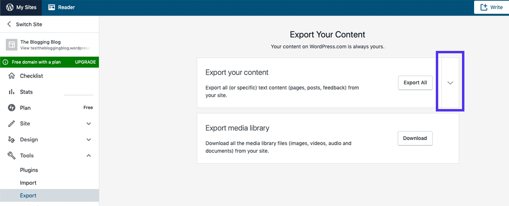 Clique no botão de seta para selecionar o conteúdo a ser exportado.
