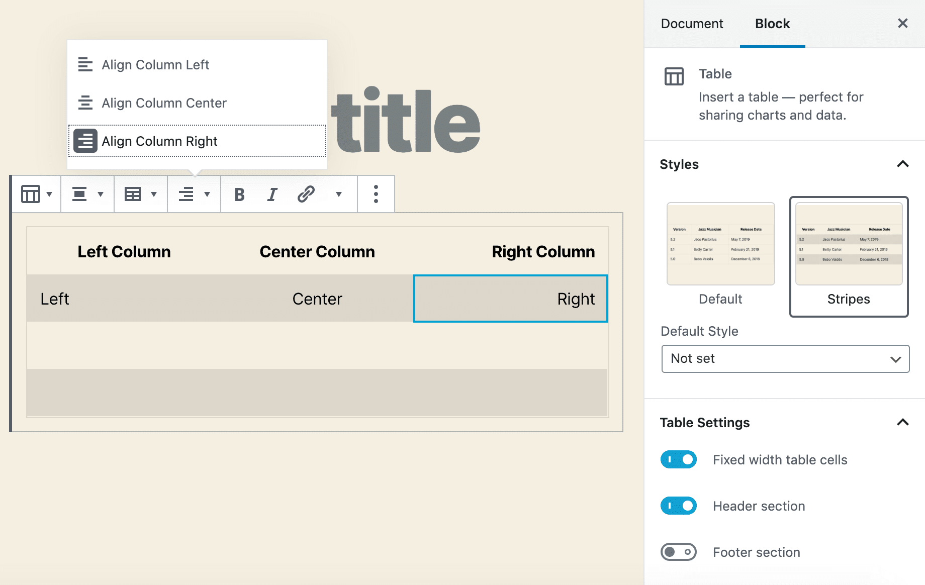 O novo bloco de tabela suporta alinhamentos de texto, cabeçalho e rodapé e cores de fundo