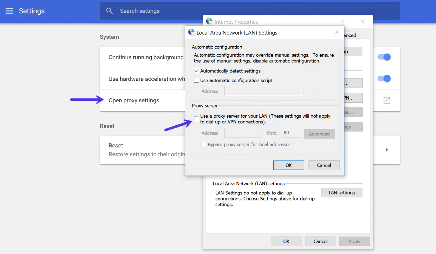 Desativar configurações de proxy Chrome no Windows