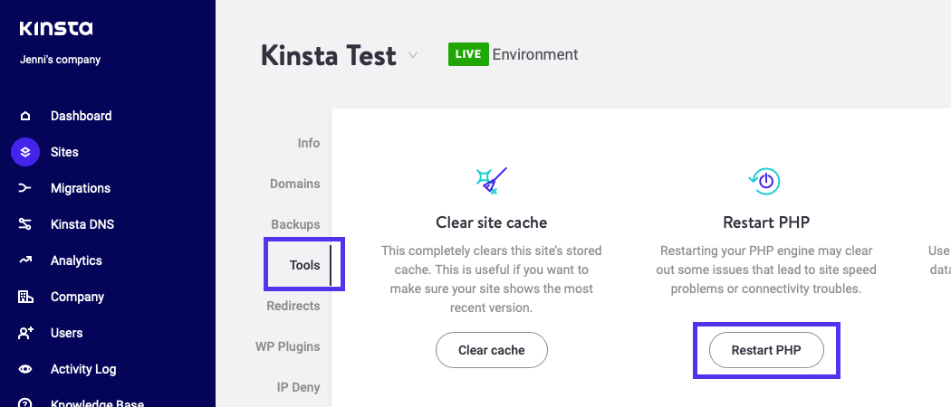 A aba Ferramentas no painel do MyKinsta para reiniciar o PHP e resolver o erro 520