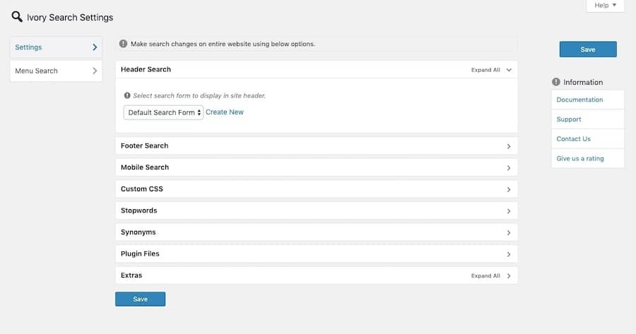 Configurações da Ivory Search