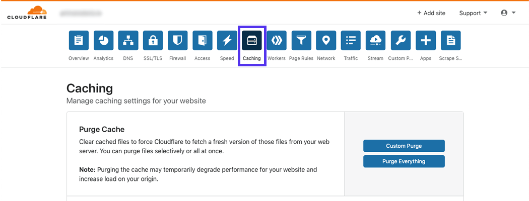 Caching tab no site do Cloudflare