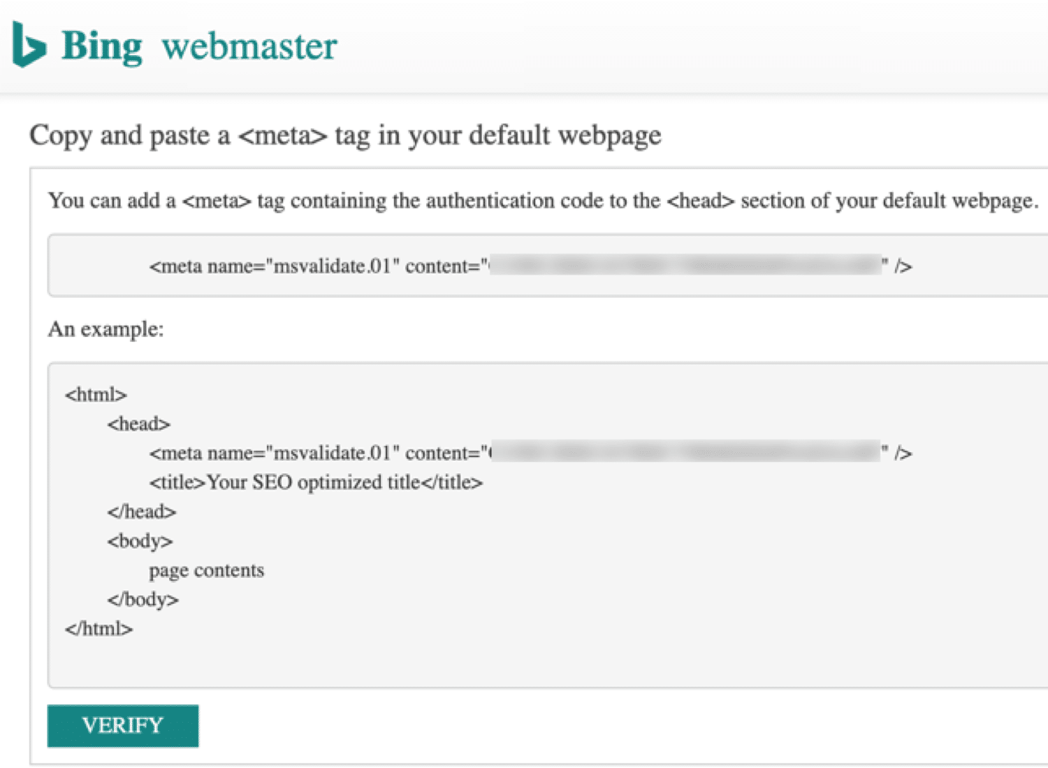 Meta tag para verificar as ferramentas do Bing Webmaster