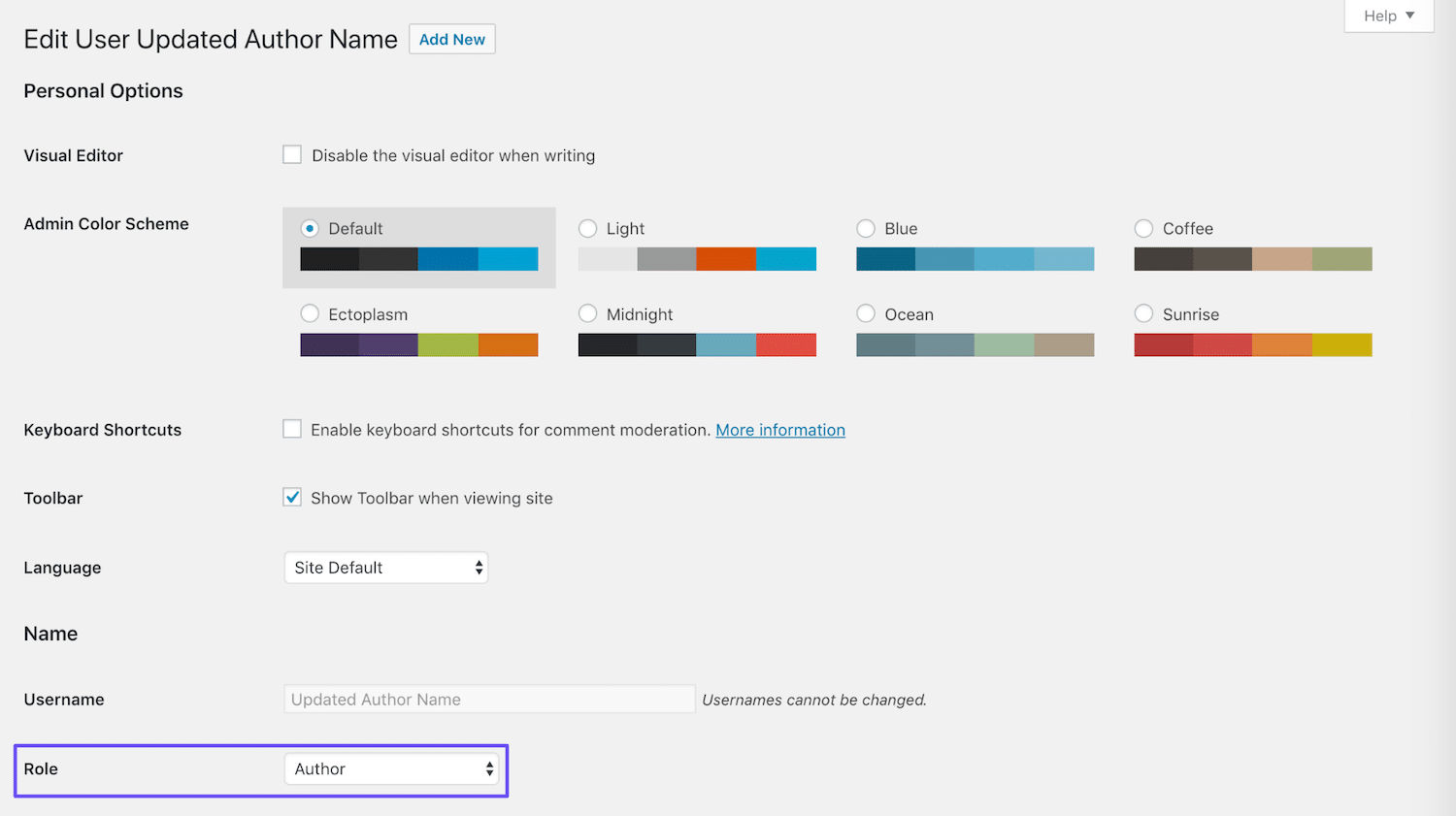 Modificação da função do usuário