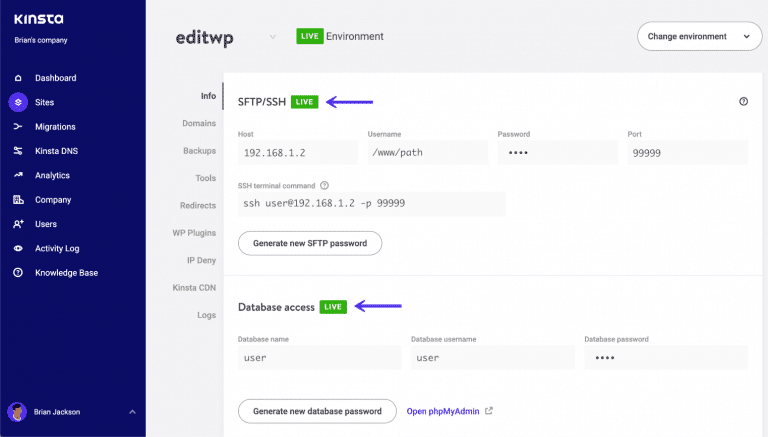 MyKinsta SFTP/SSH e base de dados