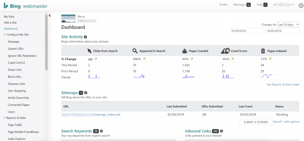 Painel de ferramentas do Bing Webmaster Tools