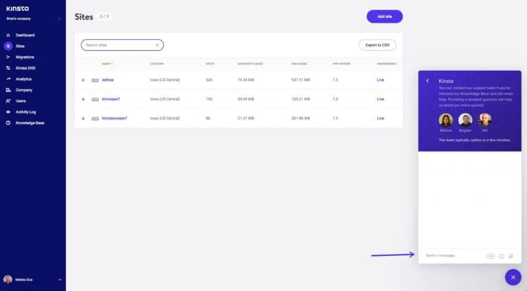 Entre em contato com o suporte Kinsta