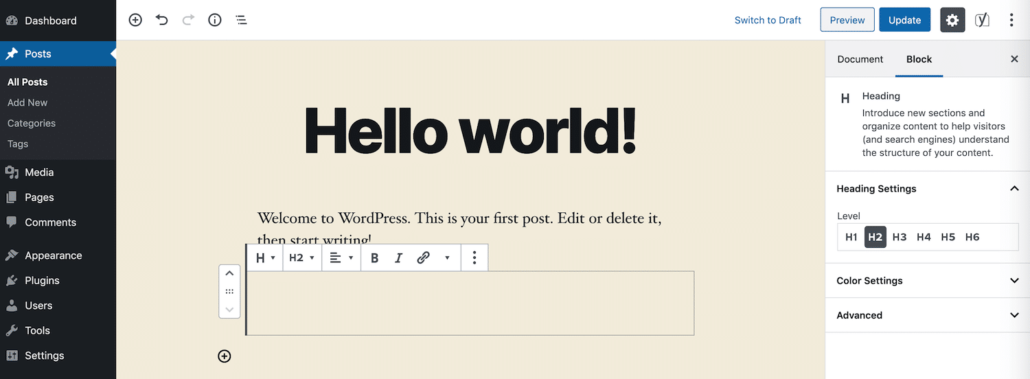 cabeçalho no Editor de Blocos