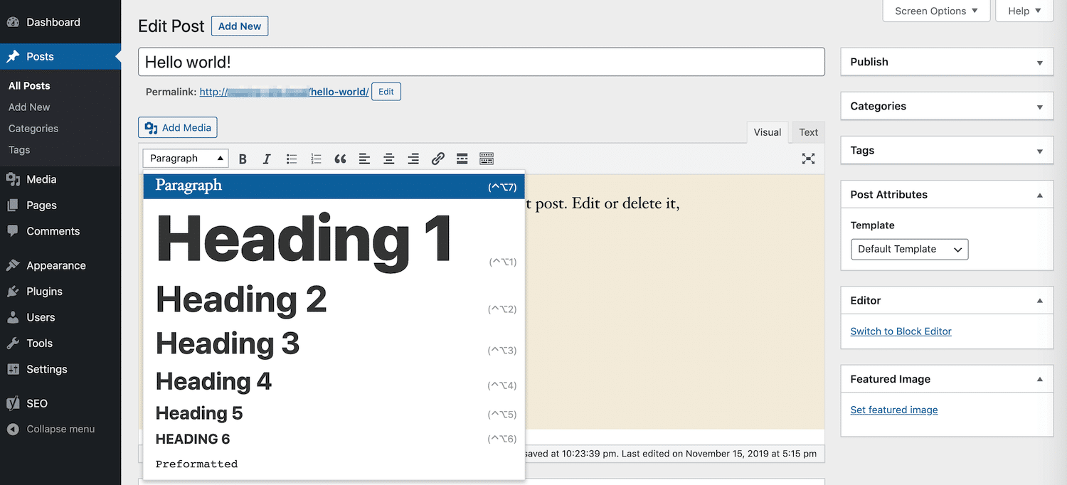 cabeçalho no Editor Clássico