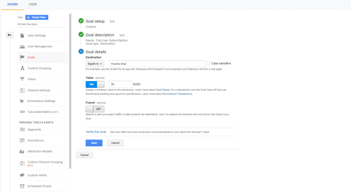 Configuração de objectivos do Google Analytics