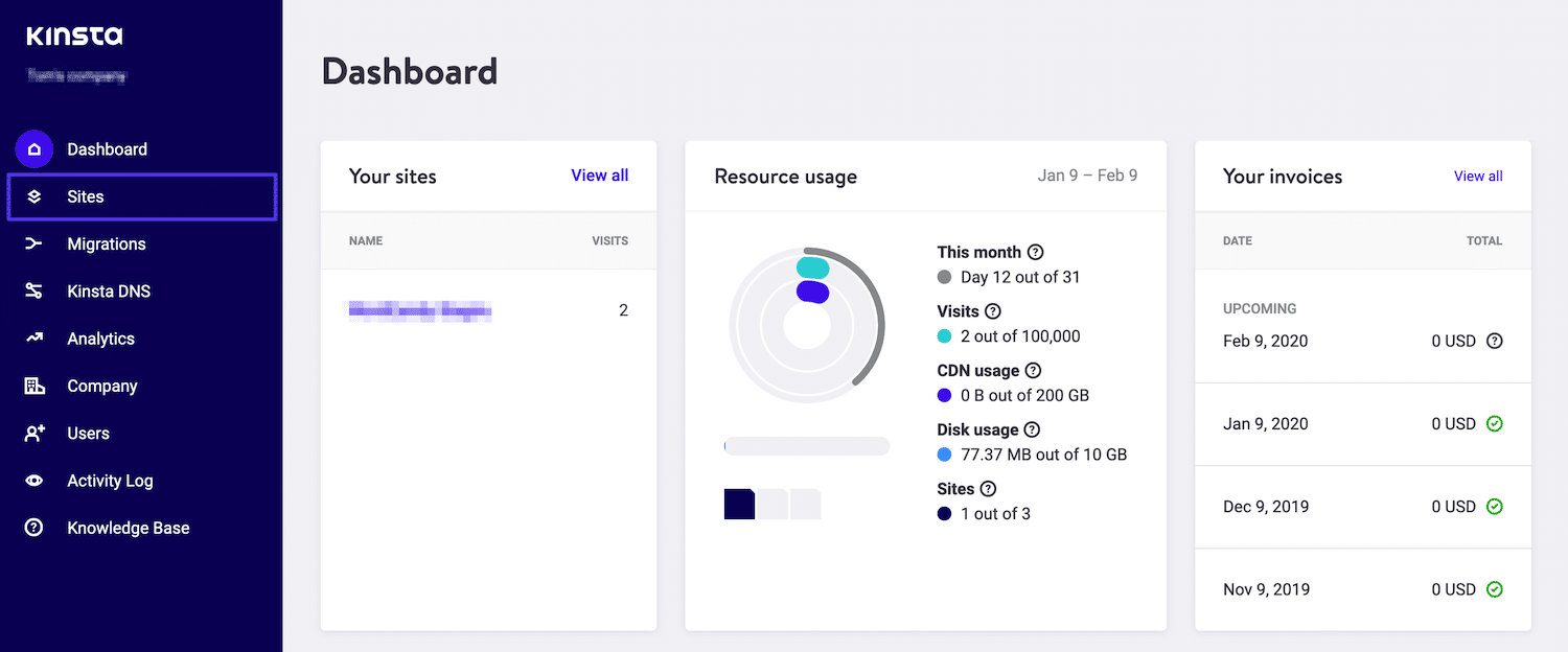 Aceder aos seus sites no tablier MyKinsta