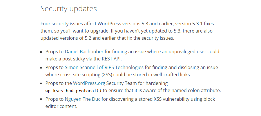 Actualizações de segurança WordPress
