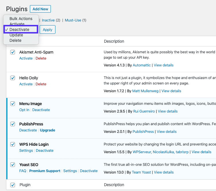 Desativação em massa de plugins WordPress no backend