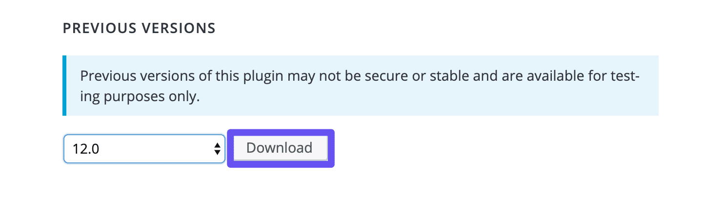 Download de uma versão anterior de um plugin através do diretório de plugins do WordPress