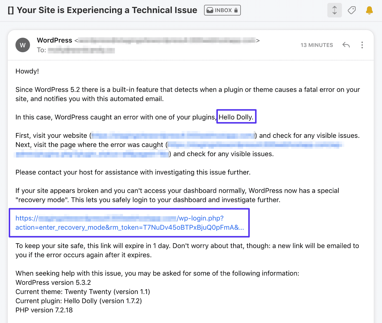 E-mail de administração para o erro "O site está com dificuldades técnicas".