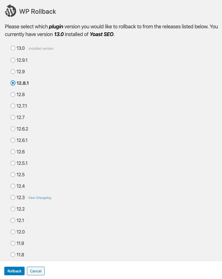 Selecção de uma versão alvo de rollback do plugin