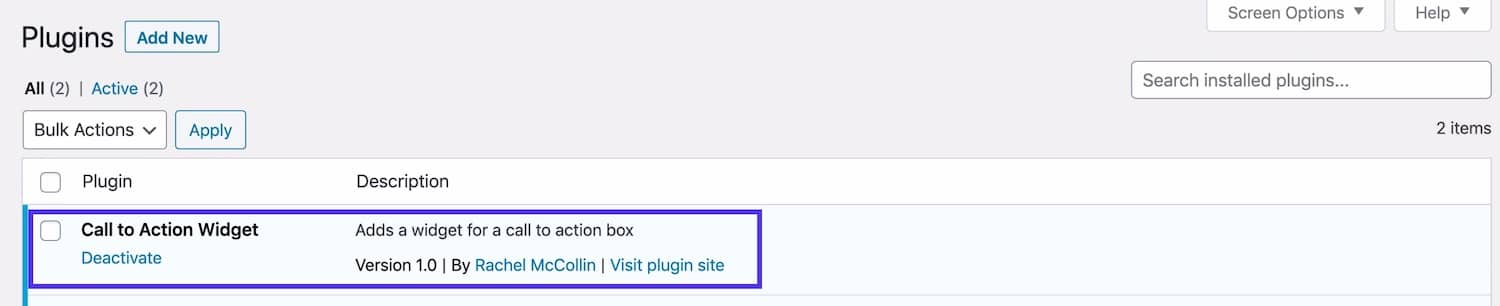 Tela de plugins Widget em plugins