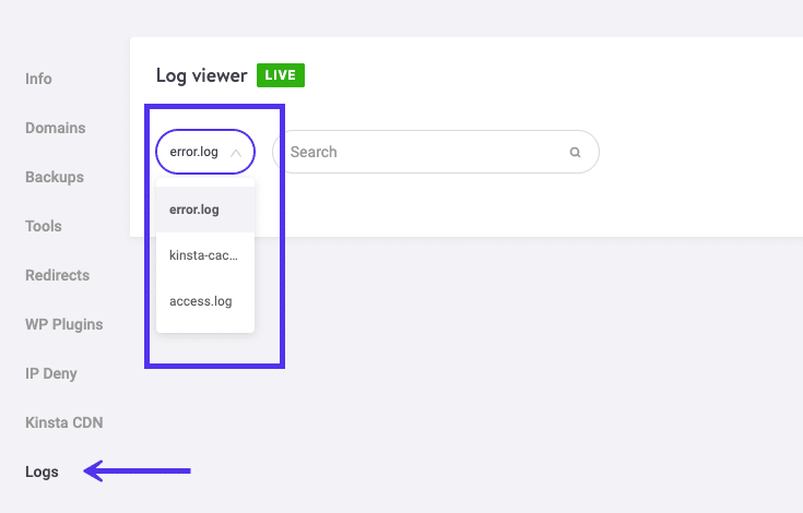 Visualizador de logs no MyKinsta