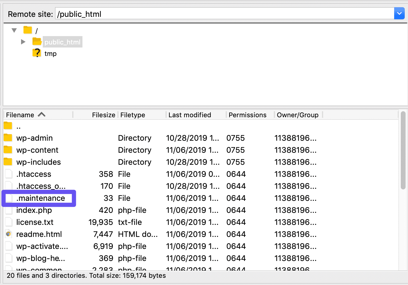 O arquivo .maintenance em FileZilla
