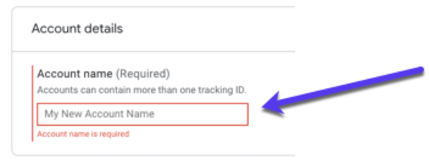 Detalhes da conta - adicionar um novo nome de conta no Google Analytics