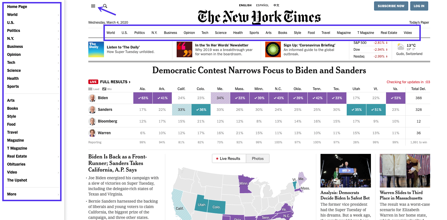 Página inicial NYT - menus de cabeçalho