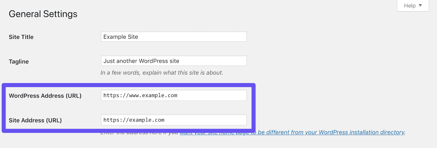 O endereço WordPress e o endereço do site nas configurações gerais