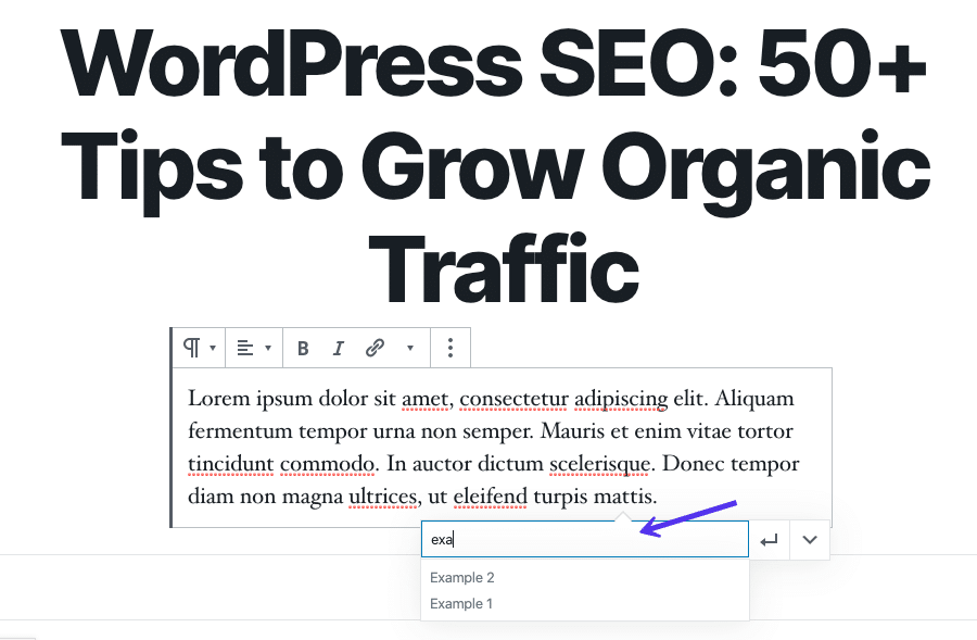 Busca de opções de vinculação interna no Editor de Blocos