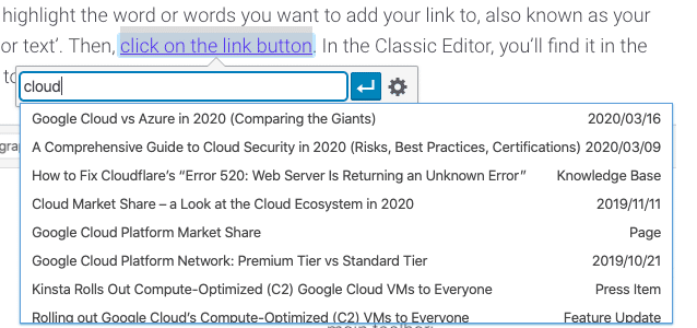 Busca de opções de links internos no Editor Clássico