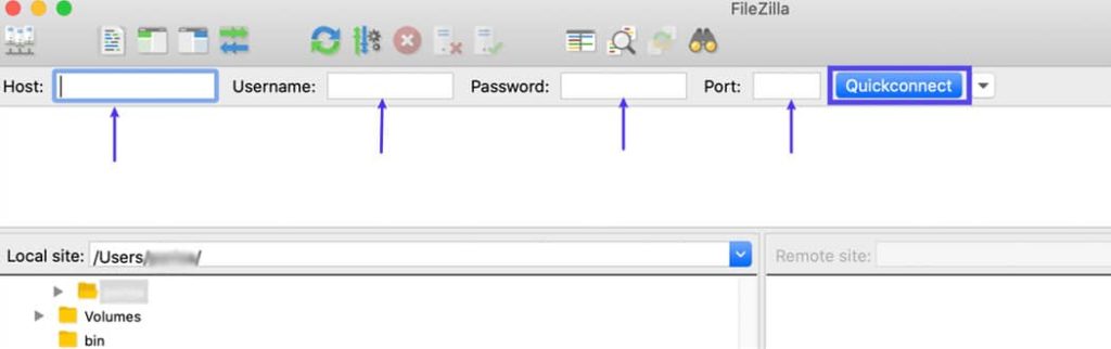 Digite as credenciais SFTP do seu servidor no seu cliente FTP.