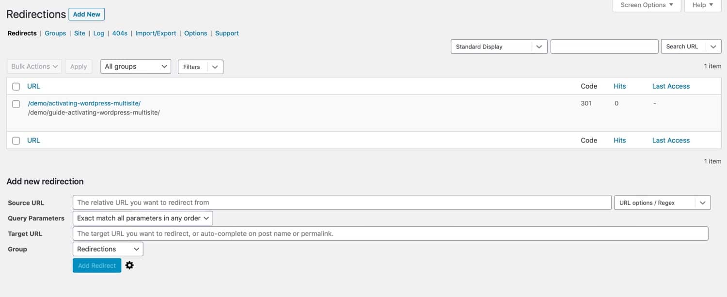 Configuração de regra de redirecionamento do plugin de redirecionamento