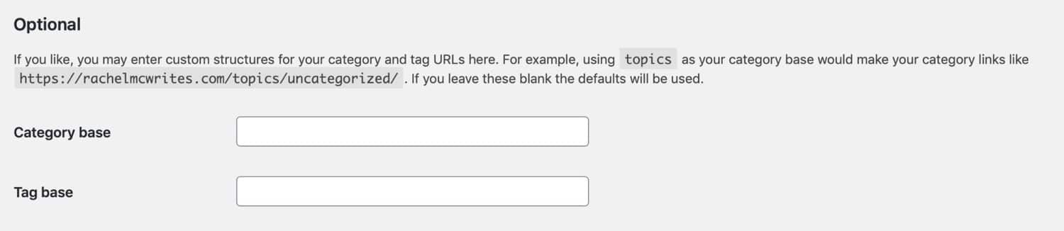 Configurações opcionais de permalink