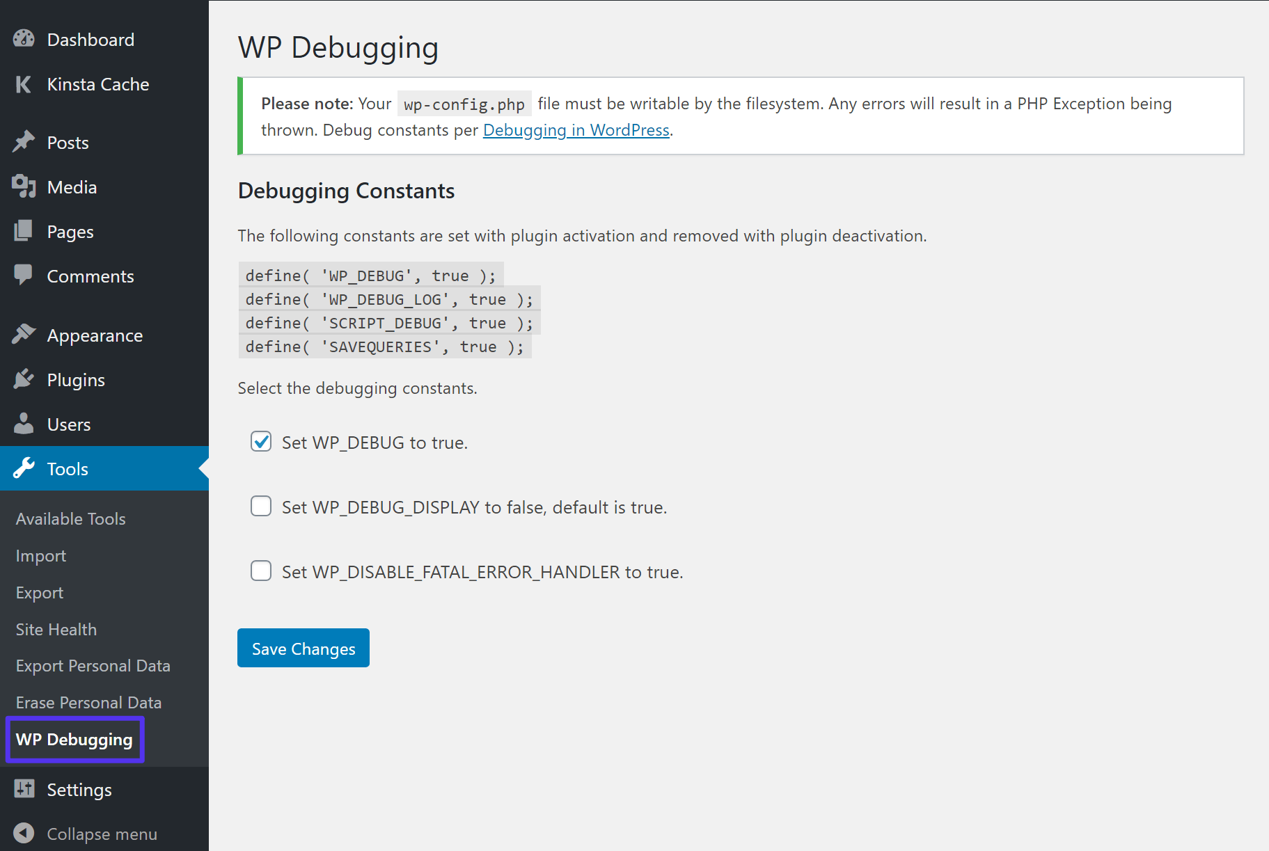 Configurações do WP Debugging Plugin