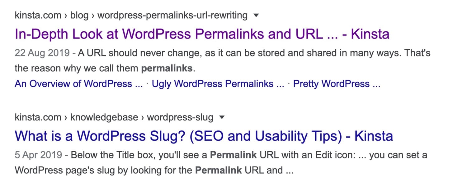 Resultado do Google - WordPress permalinks