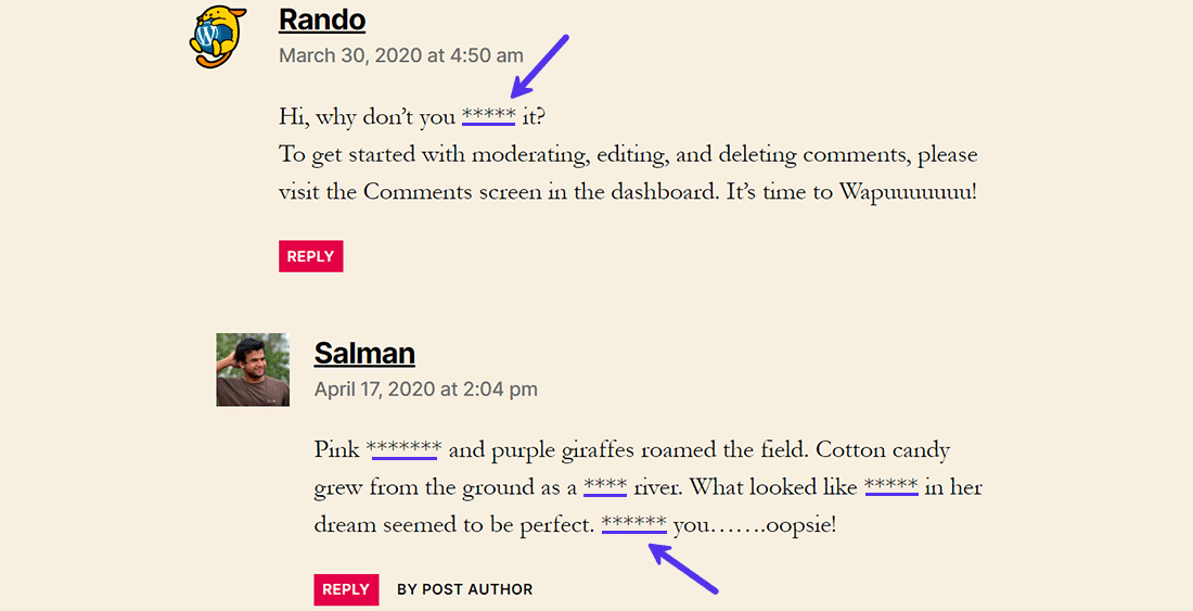 Censurando profanidades nos comentários com símbolos '*'.