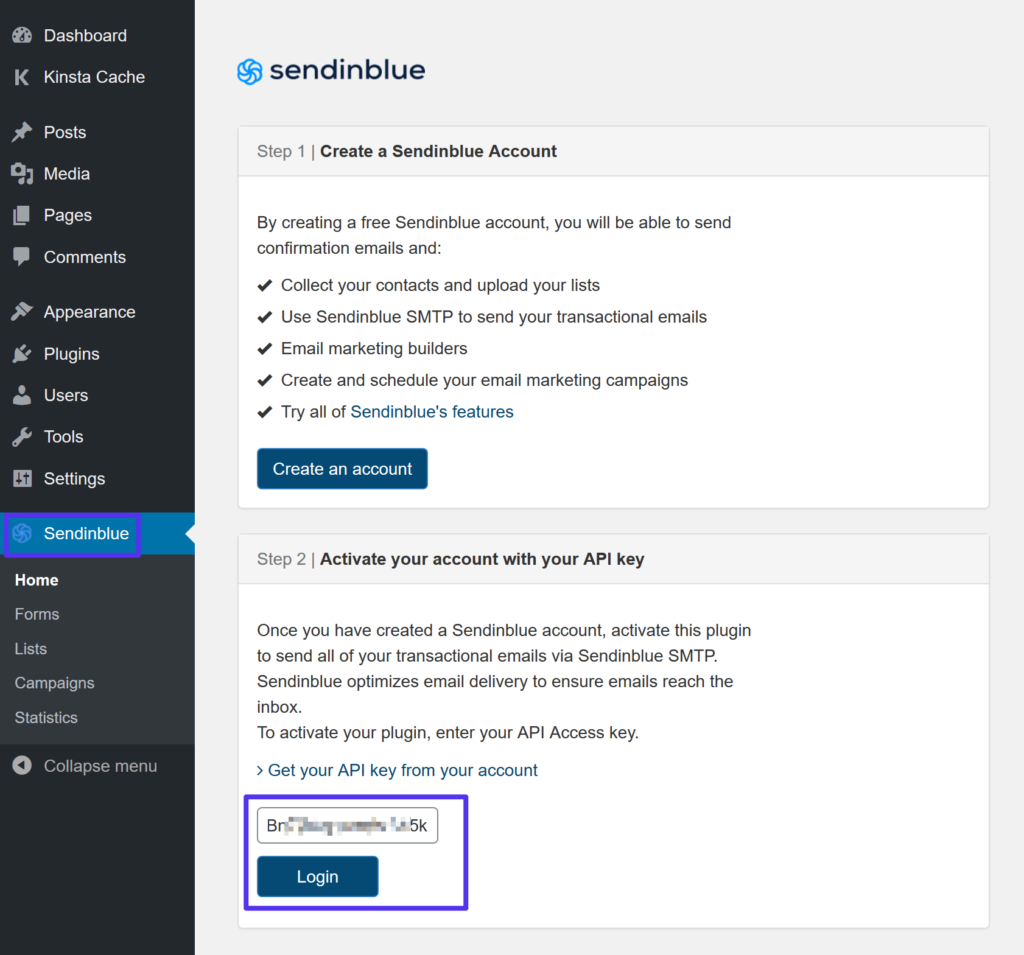 Adicionar a chave API às configurações de plugin Sendinblue