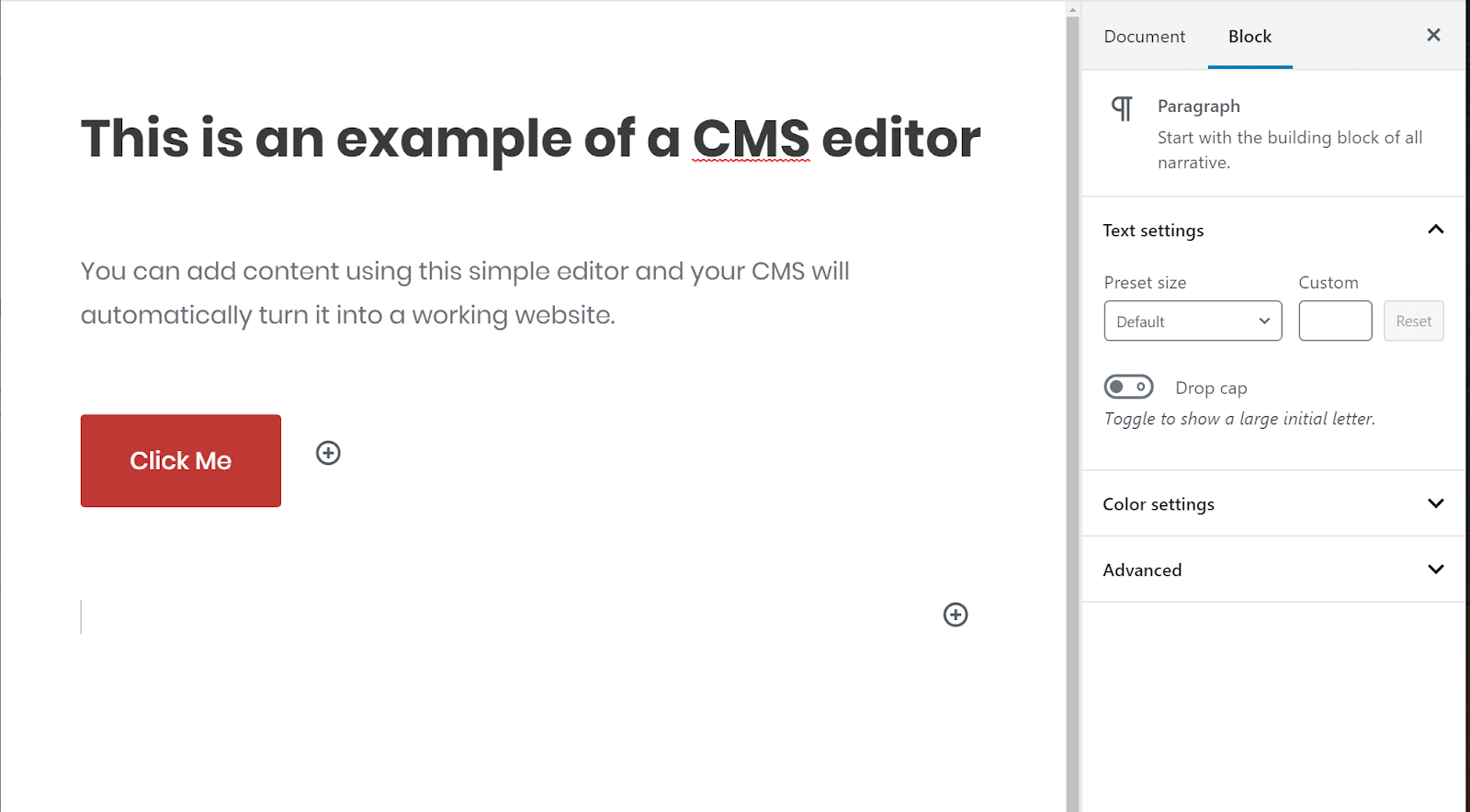 Exemplo de editor CMS