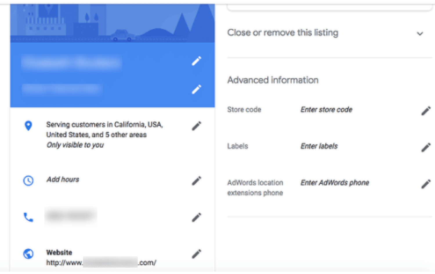 Painel da GMB para editar suas informações de listagem
