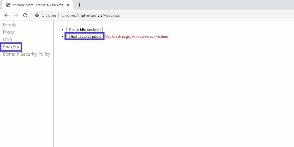A página de ajustes de Sockets no Google Chrome