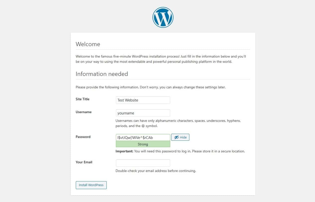 A página de boas-vindas de um novo site WordPress