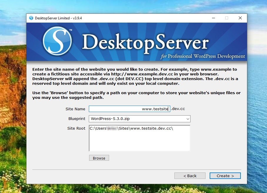 A tela para criar um nome de site em DesktopServer
