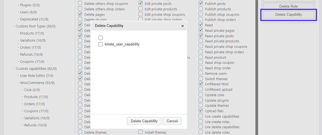 O botão 'Delete Capability' no User Role Editor